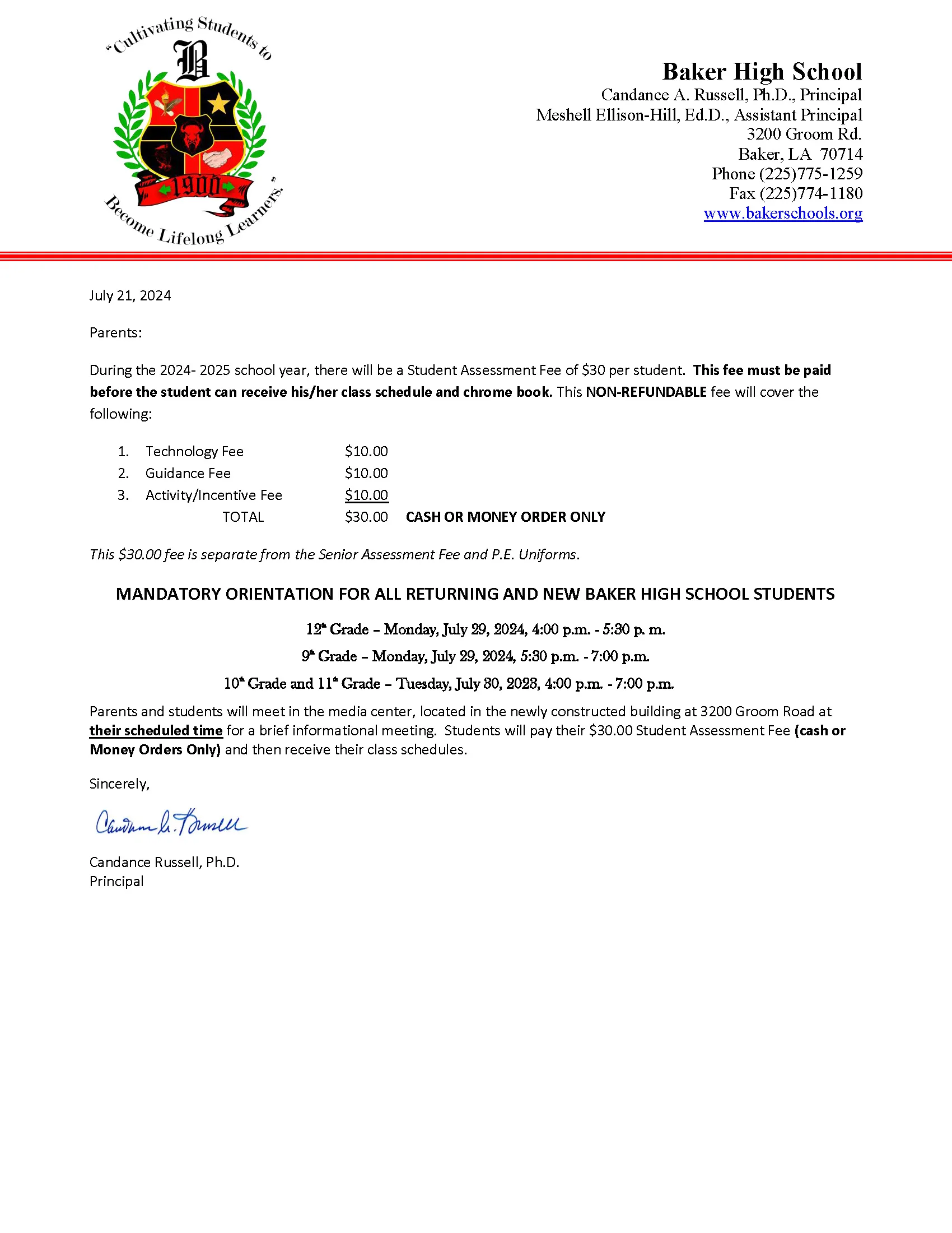  2024 Orientation Letter for Baker High School Student