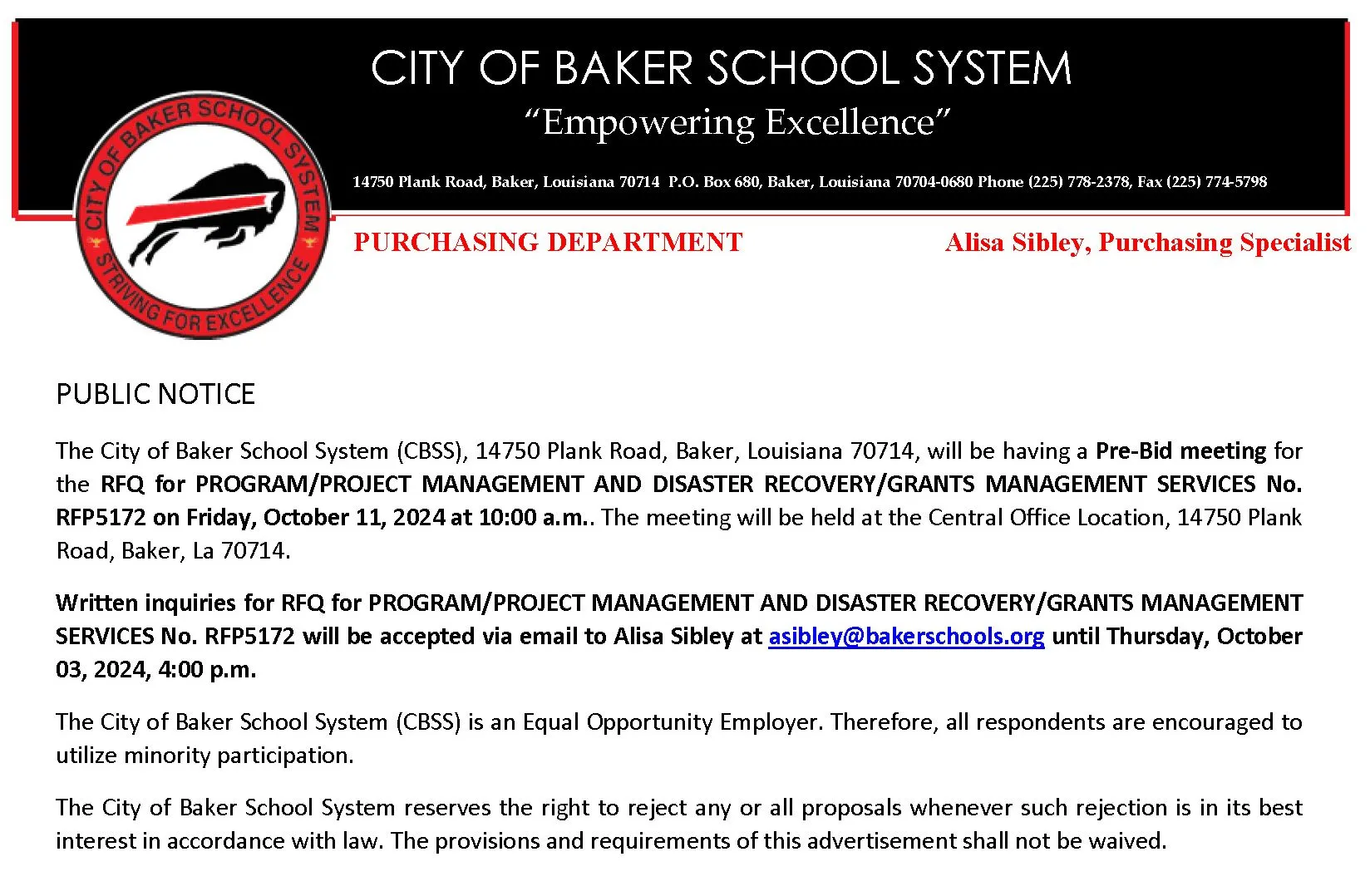 Puble Notice: Pre-Bid meeting for the RFQ for Program/Management and Disaster Recover/Grants Management Services No. RFP5172