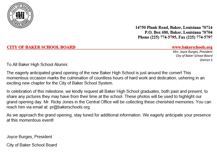 CALLING ALL BAKER HIGH SCHOOL ALUMNI