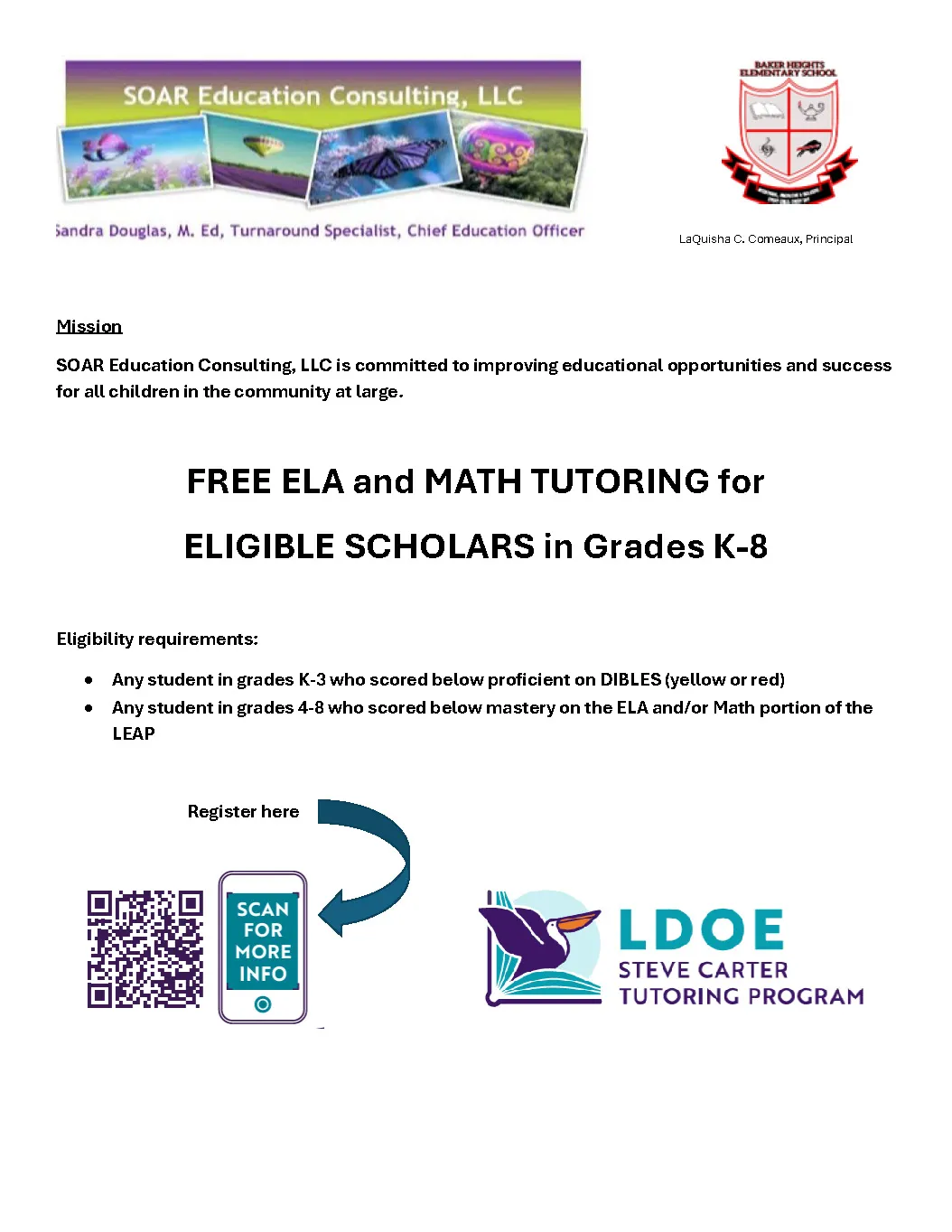 FREE TUTORING: ELA & MATH for Eligible Scholars in Grades K-8th