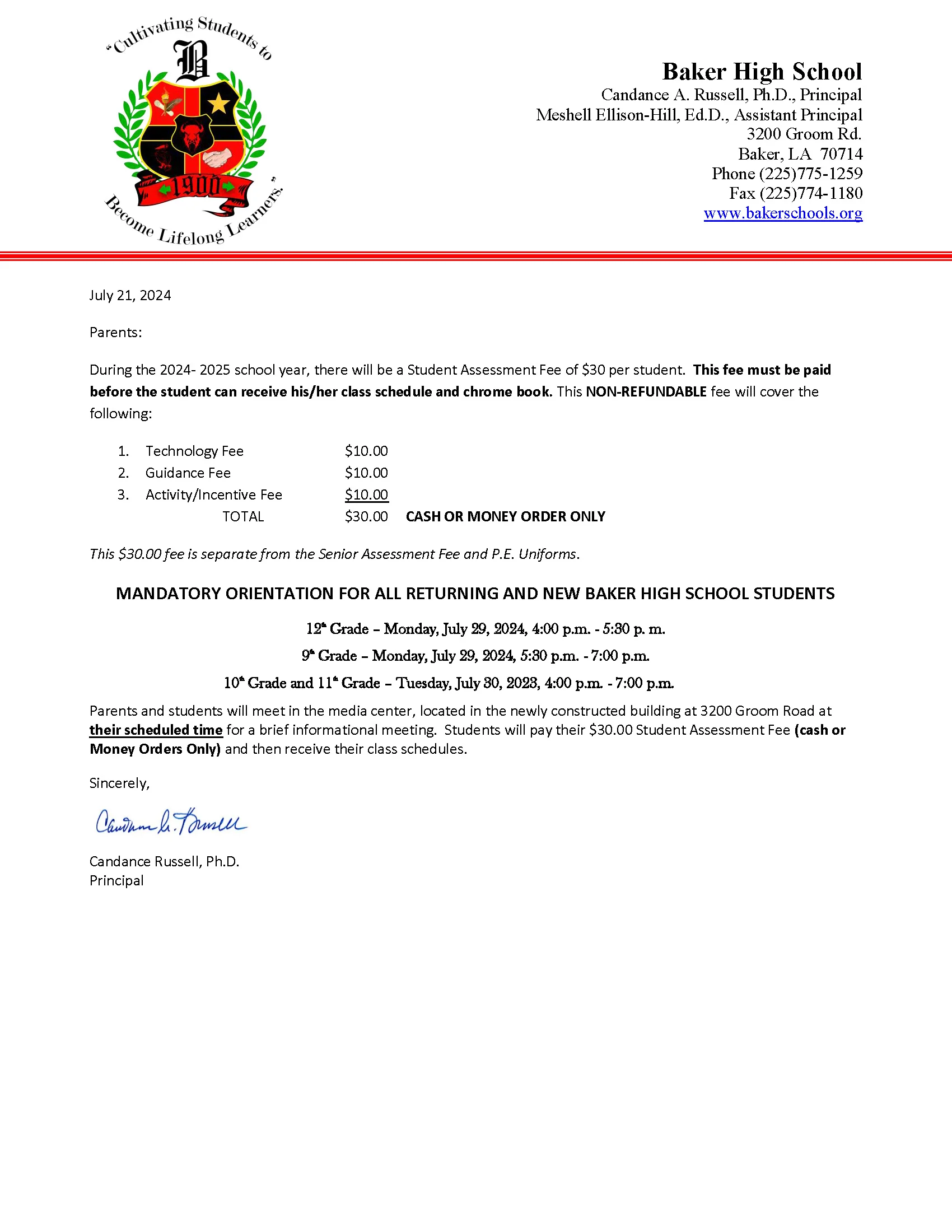 Graphic of 2024 Orientation Letter for Baker High School Student