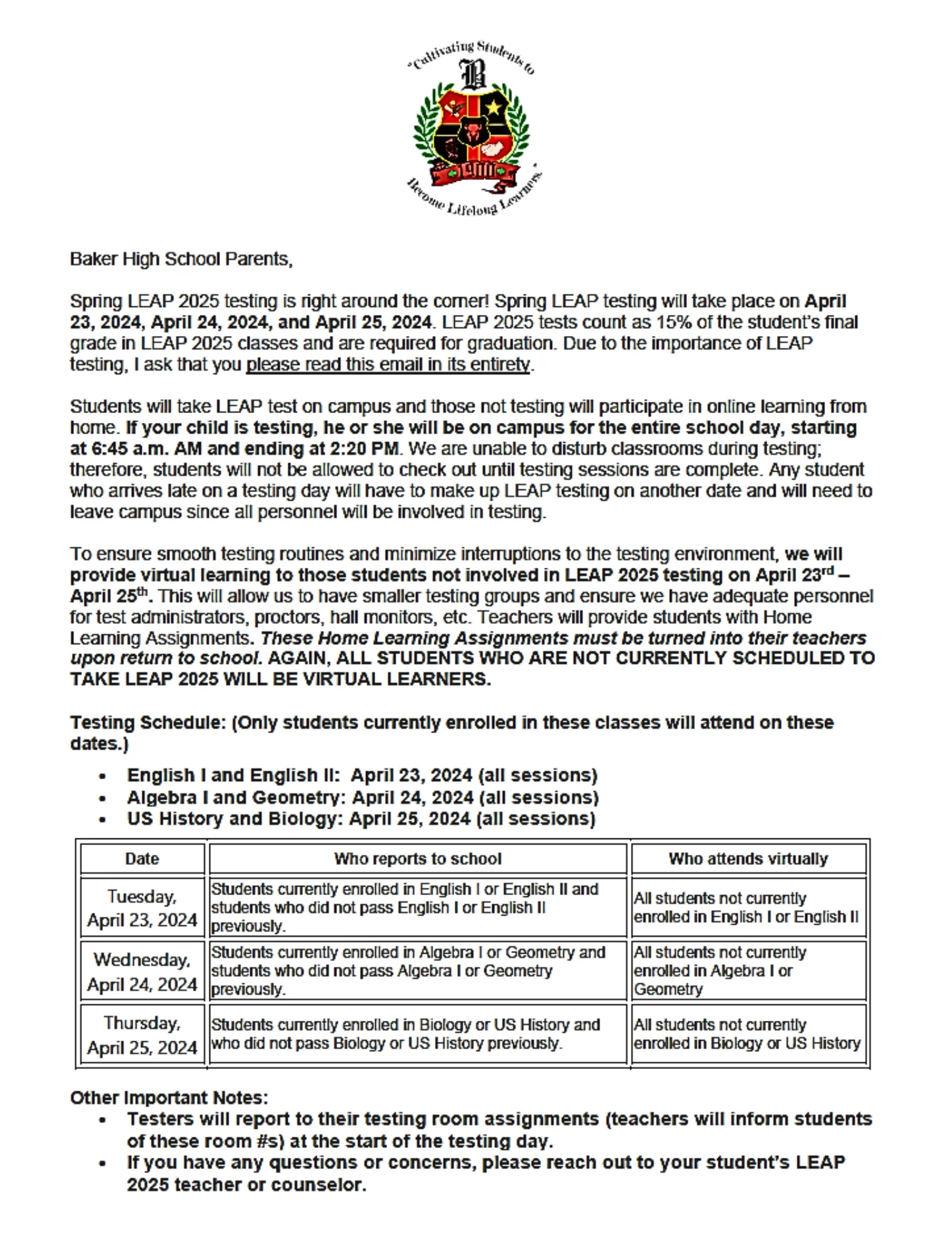 Parent LEAP letter