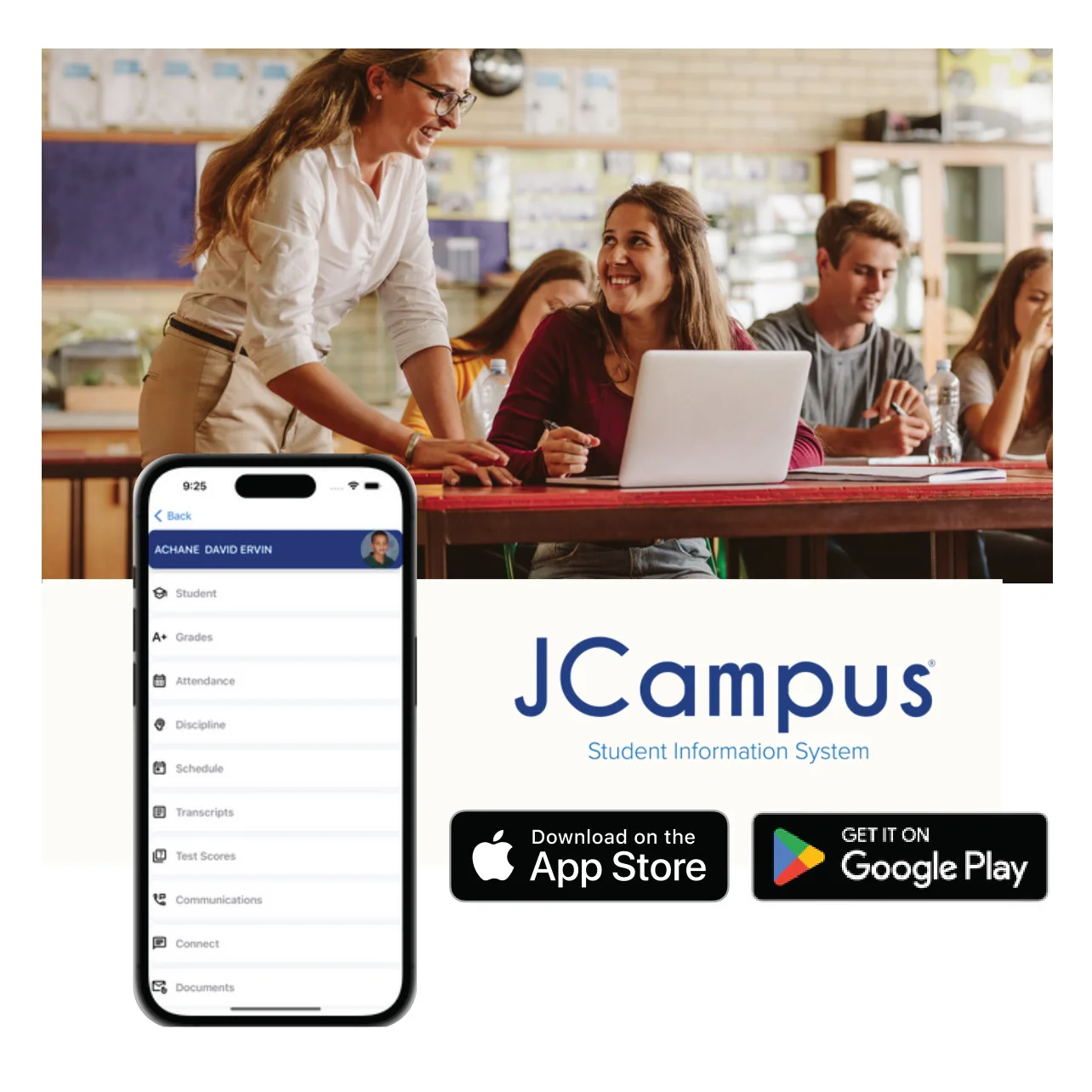 Photo of teacher and student using JCampus App