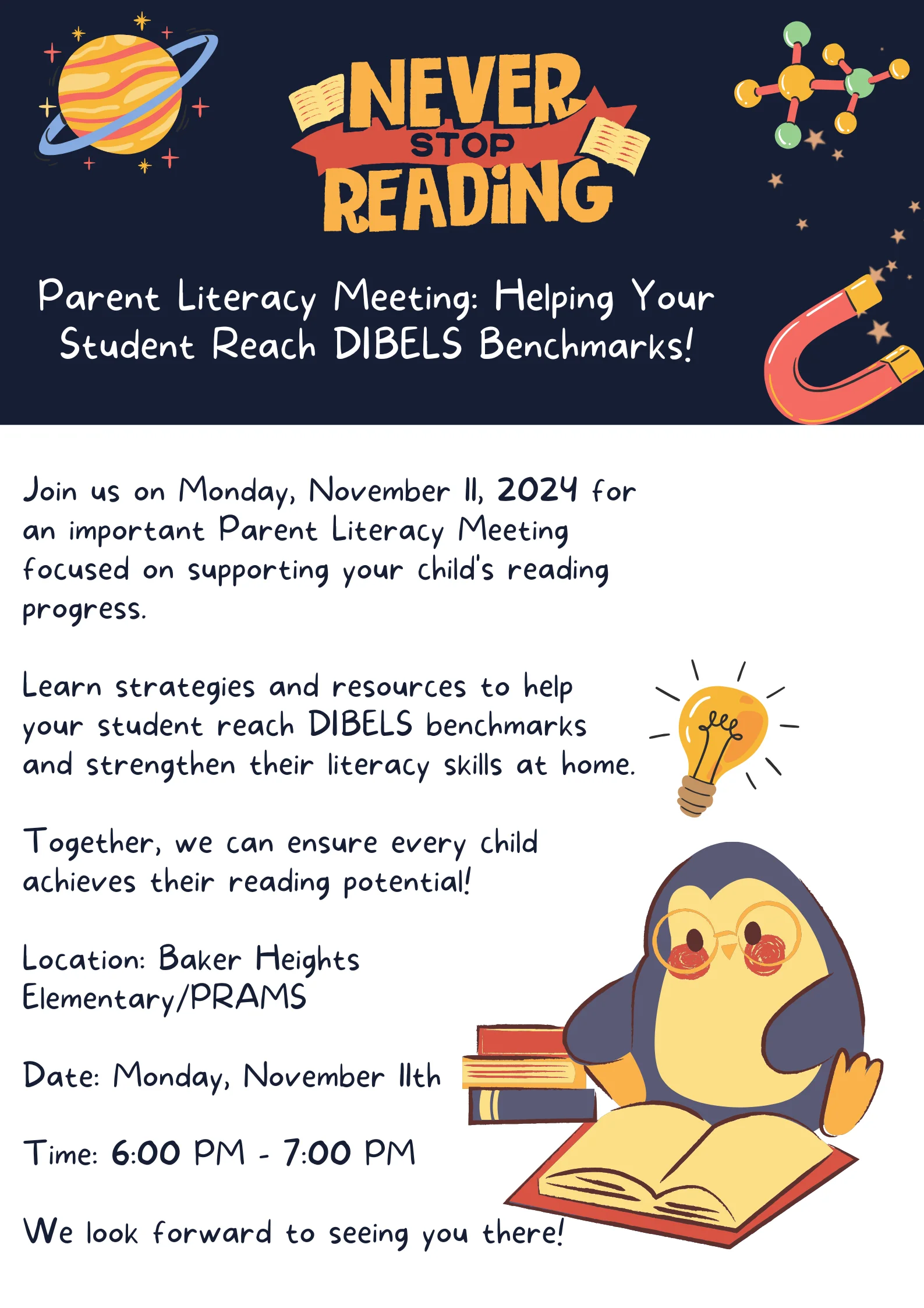 Flyer for Baker Heights/Park Ridge Elementray Parent Literacy Meeting