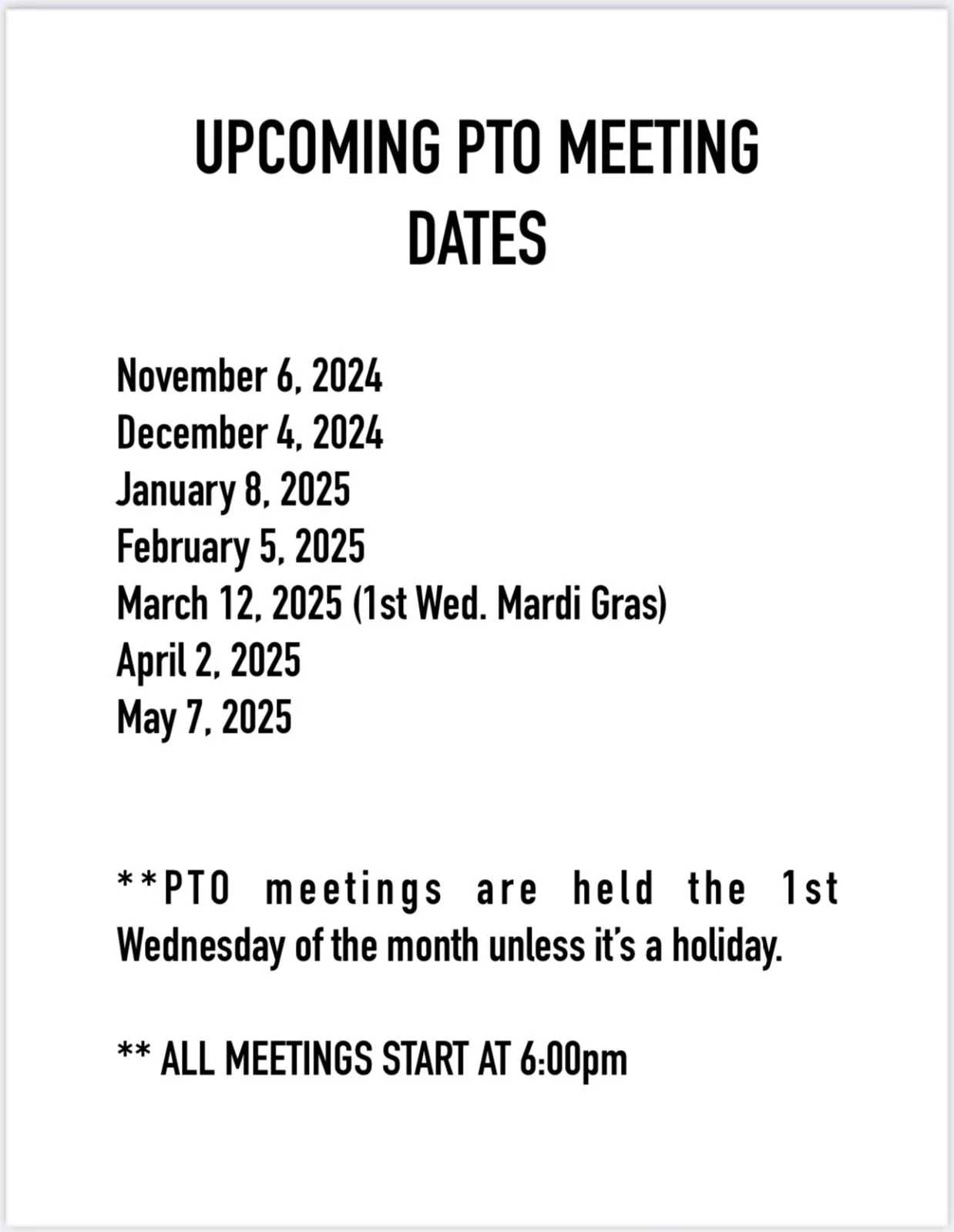 PTO meeting schedule for Baker Heights & Park Ridge Academic Magnet - Pre-K - 5th Grade